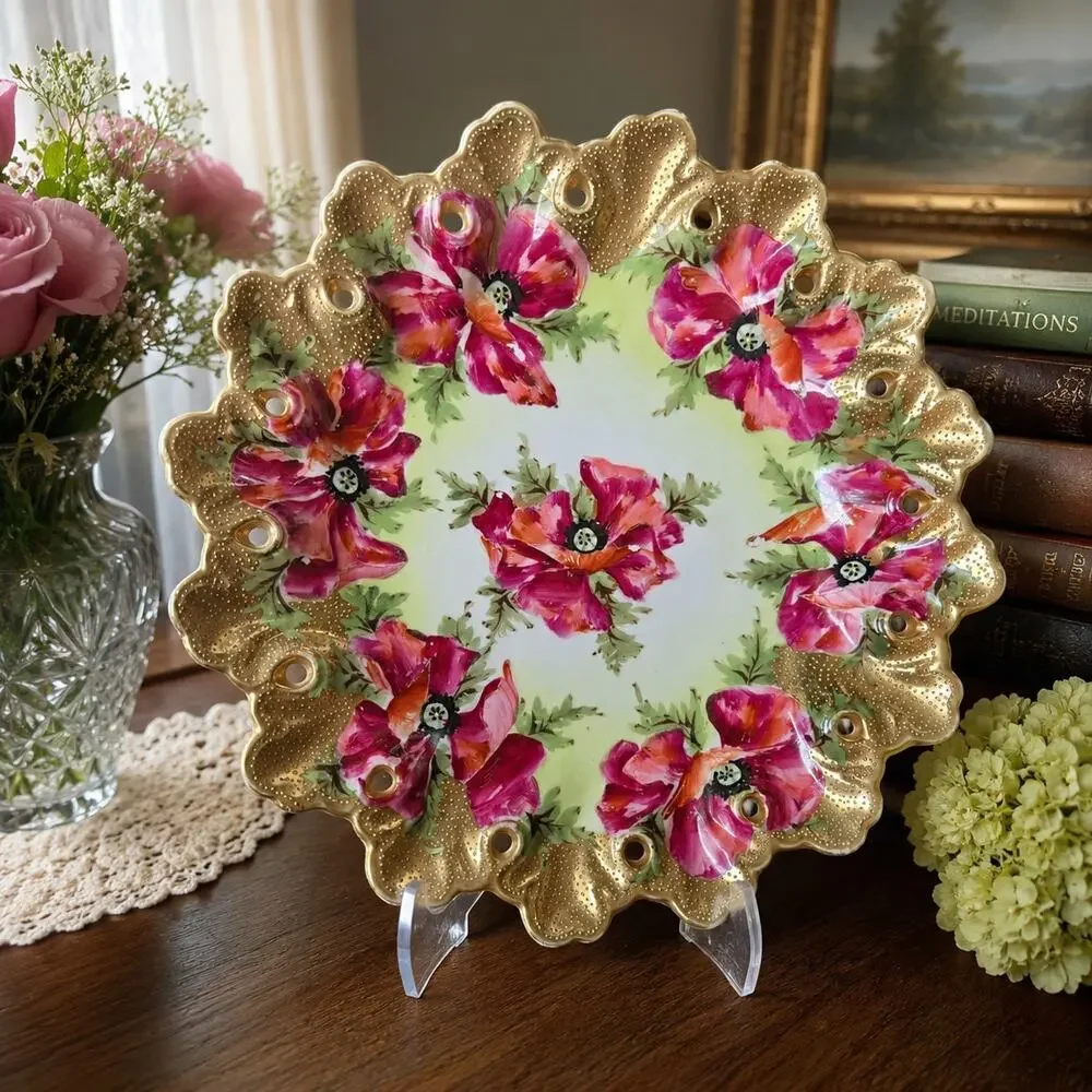 Vintage Kioto Winseluck Japan 12” Porcelain Floral Plate Hand Painted Gold Pierc
